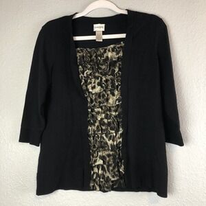 Chicos Womens Blouse Size 1 Animal Print Top Shirt Black Ruffled 3/4 Sleeve